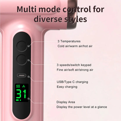 Portable Hair Dryer USB Charging Ergonomic Grip Hot and Cold Air Hair Dryer 200W Fast Drying Lightweight with Nozzle for Travel