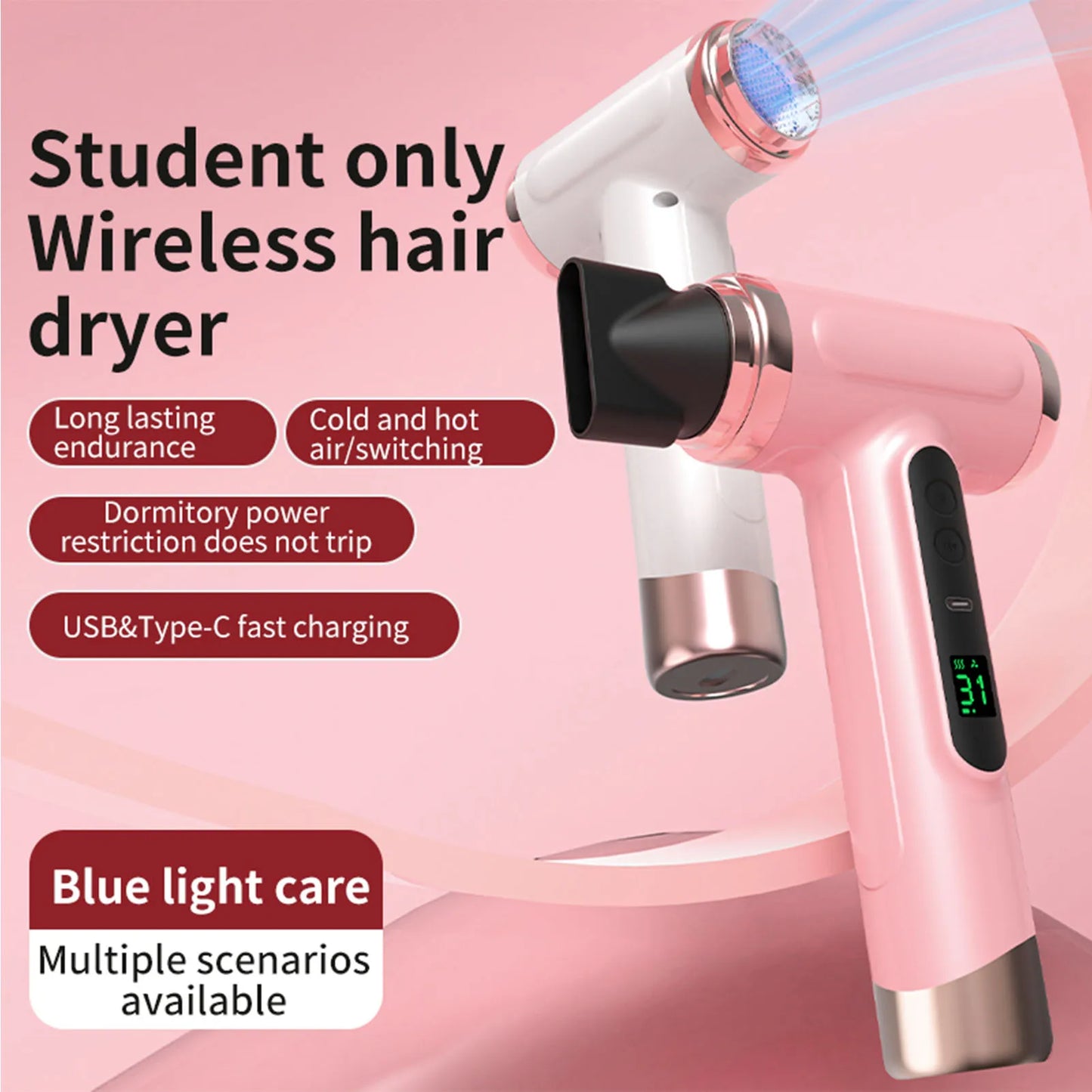 Portable Hair Dryer USB Charging Ergonomic Grip Hot and Cold Air Hair Dryer 200W Fast Drying Lightweight with Nozzle for Travel