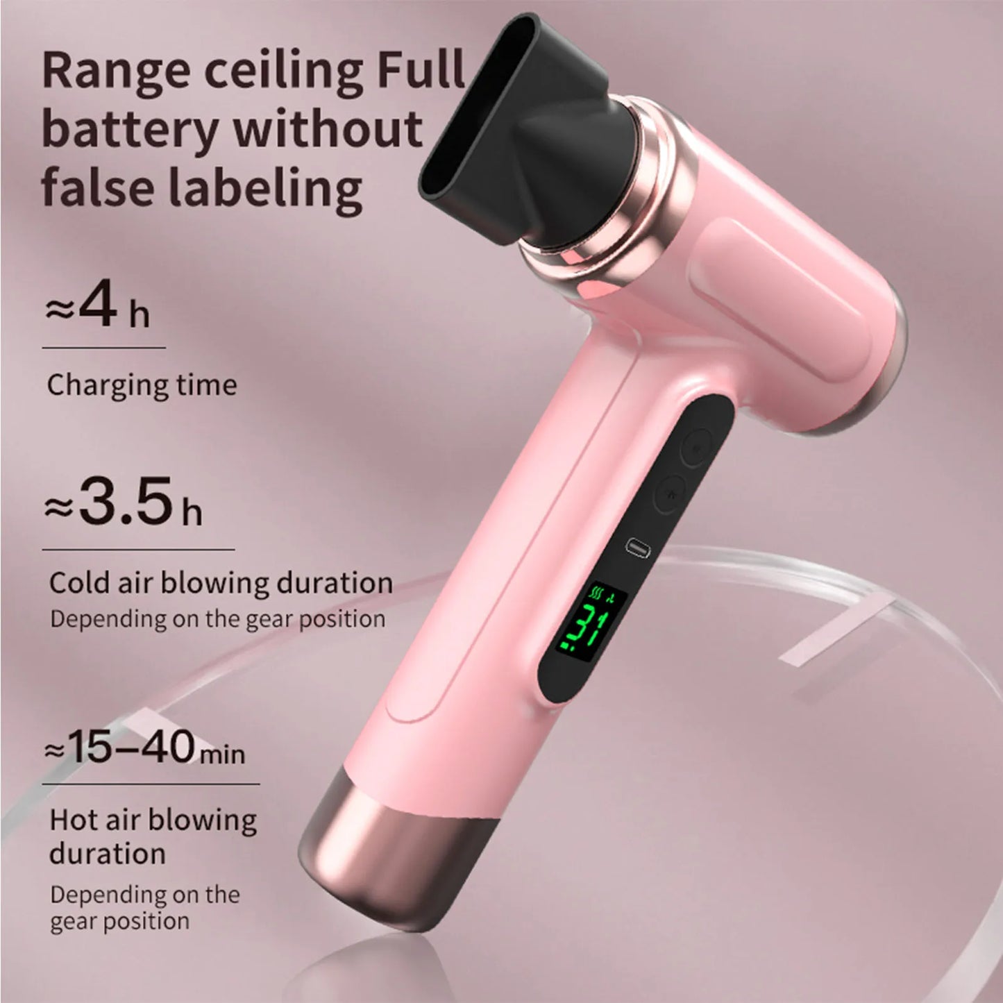 Portable Hair Dryer USB Charging Ergonomic Grip Hot and Cold Air Hair Dryer 200W Fast Drying Lightweight with Nozzle for Travel