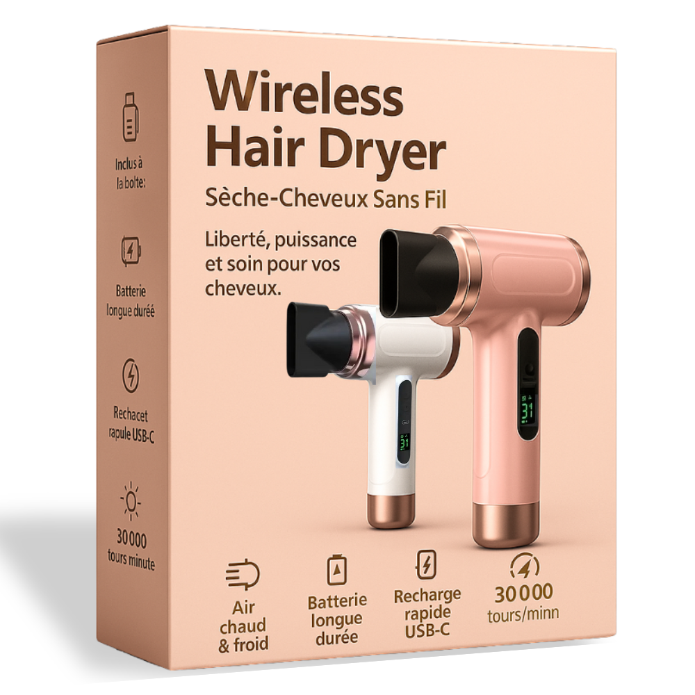 Sèche cheveux sans fil élia® Pro batterie 2500mah recharge USB Puissance 750w